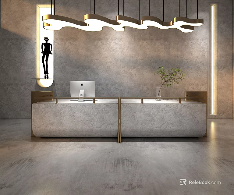 Modern Industrial Reception Desk With Concrete Top Grey Wall Hanging Lights And Potted Plant 3d model 