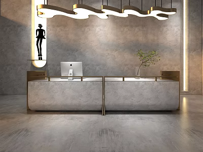 Modern Industrial Reception Desk With Concrete Top Grey Wall Hanging Lights And Potted Plant 3d model