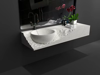 Modern Bathroom Washbasin With White Stone Countertop Mirror Faucet And Red Flower 3d model