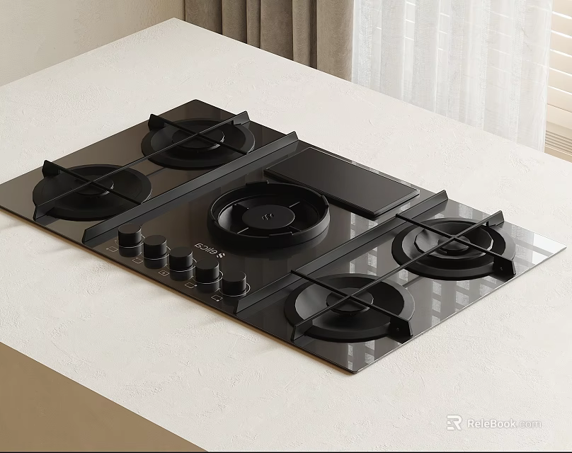 Modern Kitchen Gas Stove Appliance With Black Glass Panel Four Burners And Control Knobs 3d model