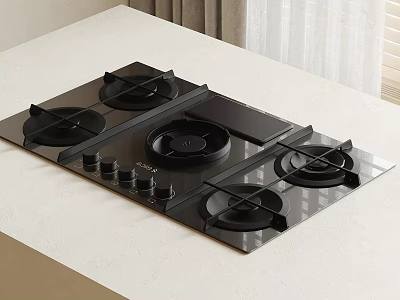 Modern Kitchen Gas Stove Appliance With Black Glass Panel Four Burners And Control Knobs 3d model