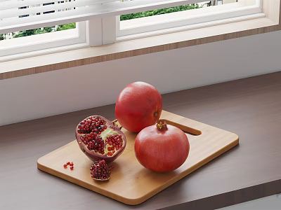 Ripe Pomegranates on Wooden Cutting Board Whole and Cut Open with Knife by Window Greenery 3d model