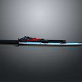 Modern Tactical Knife With Long Blade Black Handle Red Accents And Blue Light Effects