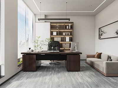 Modern Open Office Interior Design With Wooden Desk Sofa Bookshelf And Large Windows 3d model