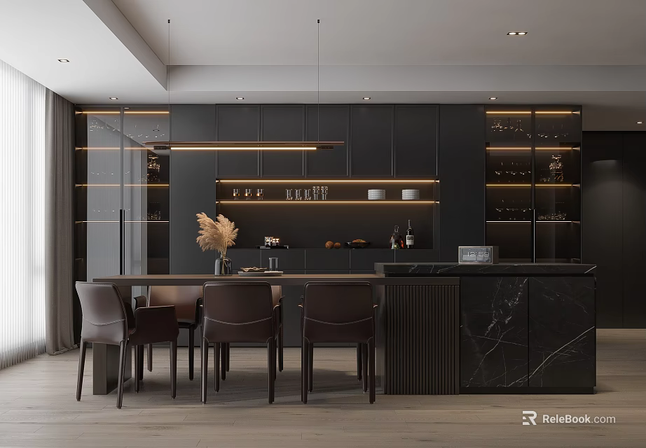 Modern Restaurant Interior Design With Black Cabinets Marble Countertop Pendant Lights And Brown Chairs 3d model 