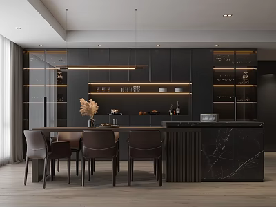Modern Restaurant Interior Design With Black Cabinets Marble Countertop Pendant Lights And Brown Chairs 3d model