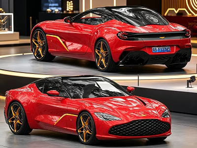 Two Red Sports Cars With Modern Design And Golden Accent Lines On Display Platform 3d model
