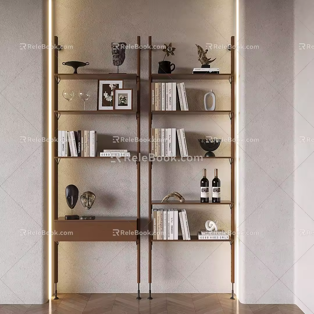 Antique Solid Wood Bookshelf Floor-to-Floor Wall Shelf Multi-Layer Creative Reading Rack Books Wine Rack Wine Glass Ornaments 3d model