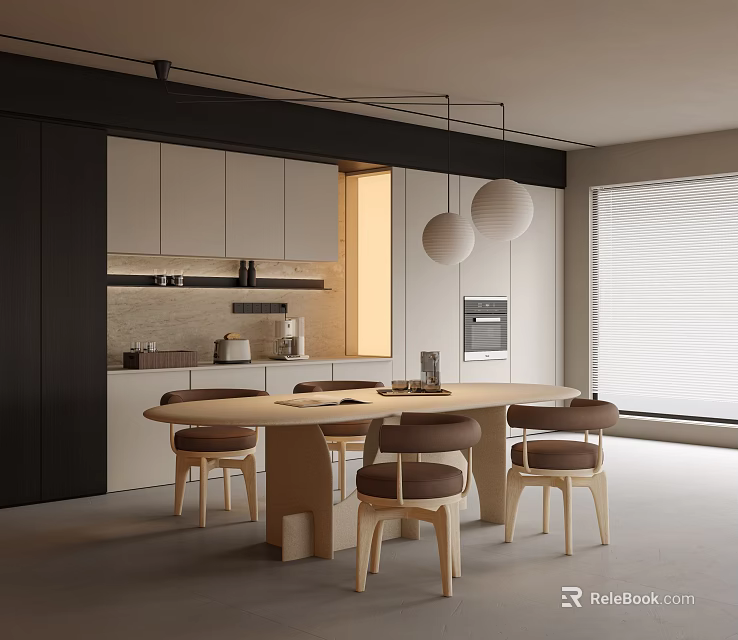 Modern Open Kitchen Design With Rectangular Wooden Dining Table And Brown Seats Chairs 3d model 