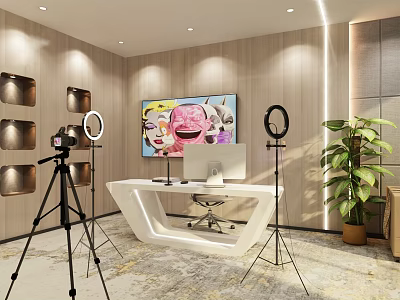Modern Public Office Space With White Desk Computer Ring Lights Tripods And Green Plant 3d model