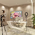 Modern Public Office Space With White Desk Computer Ring Lights Tripods And Green Plant