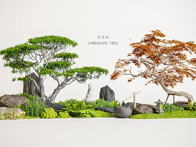 Traditional Zen Courtyard Garden Design With Green Orange Trees Rocks Buddha Statue And Stone Lantern 3d model