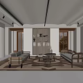 Modern Living Room Interior With Wooden Sofas Coffee Tables Built in Bookshelf And Patterned Floor