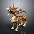 Golden Mythical Beast Statue With Intricate Horns Mane And Tail Details