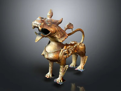 Golden Mythical Beast Statue With Intricate Horns Mane And Tail Details 3d model