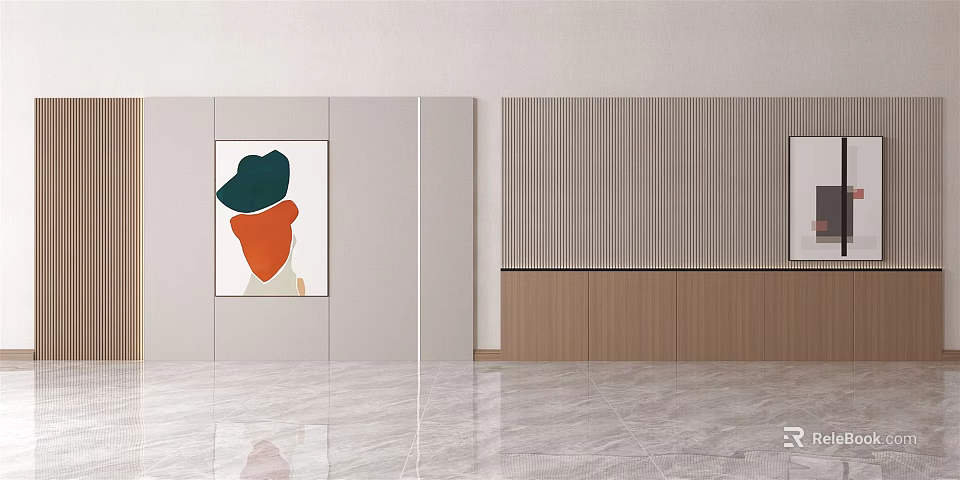 Modern Background Wall With Decorative Portrait Painting Striped Design And Wooden Panel 3d model 