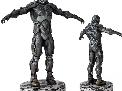 Mechanical Armored Dolls with Detailed Armor Design in Two Poses Standing on Textured Bases 3d model