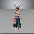 Fantasy Female Character With Deer Antlers White Top And Teal Decorative Skirt Standing Barefoot In Dark Background