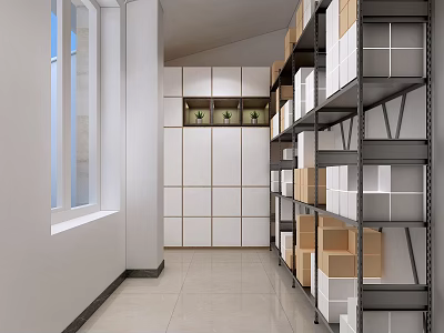 Organized Storage Room Interior With Metal Shelves Cardboard Boxes Window White Walls And Tile Floor 3d model