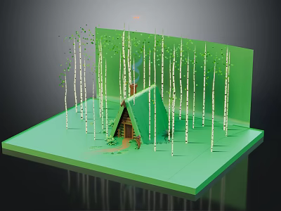 Cartoon Forest Scene With Small Log Cabin And Tall Birch Trees On Green Platform 3d model