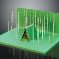 Cartoon Forest Scene With Small Log Cabin And Tall Birch Trees On Green Platform