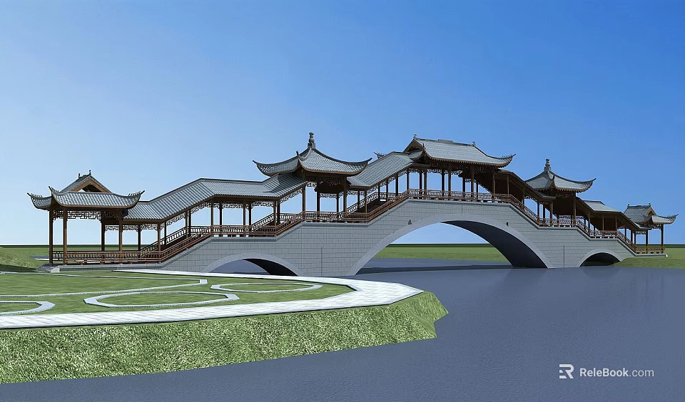 Traditional Chinese Bridge With Pavilions And Arch Structure Over Scenic Water Landscape 3d model 