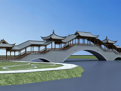 Traditional Chinese Bridge With Pavilions And Arch Structure Over Scenic Water Landscape 3d model