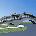 Traditional Chinese Bridge With Pavilions And Arch Structure Over Scenic Water Landscape