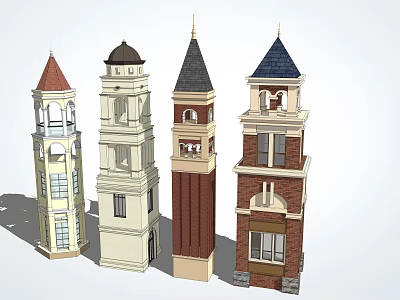 Various Stylish Tower Models With Distinct Roof Designs And Exterior Details 3d model