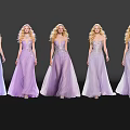 Five Blonde Women Standing in Purple Long Dresses Against Dark Background With Reflection