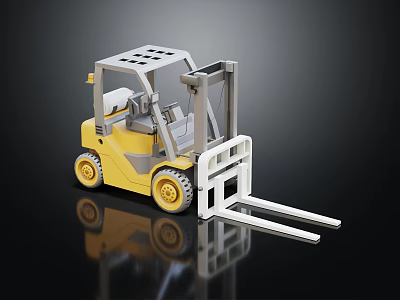 Yellow Forklift Model With White Forks And Gray Cabin On Black Background 3d model