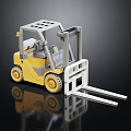 Yellow Forklift Model With White Forks And Gray Cabin On Black Background