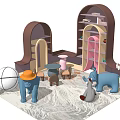 Kids Curved Bookshelf With Colorful Shelves And Animal Toys In Playroom