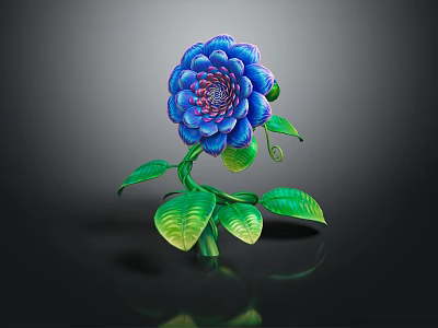 Vibrant Blue Flower Plant With Layered Purple Center and Green Shiny Leaves Against Dark Background 3d model