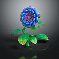 Vibrant Blue Flower Plant With Layered Purple Center and Green Shiny Leaves Against Dark Background