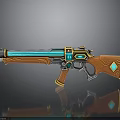 Ornate Fantasy Gun With Orange Wooden Grip Blue Barrel Green Gemstone And Golden Accents