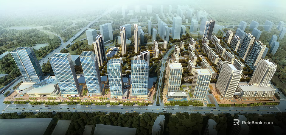 Aerial Planning of Modern Urban Layout With High Rise Buildings Road Network and Green Areas 3d model 