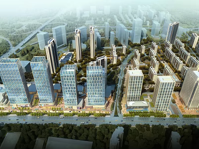 Aerial Planning of Modern Urban Layout With High Rise Buildings Road Network and Green Areas 3d model