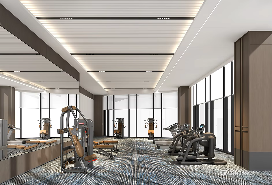 Spacious Modern Gym with Floor to Ceiling Windows and Various Fitness Equipment for Effective Workouts 3d model 