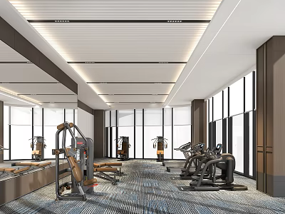 Spacious Modern Gym with Floor to Ceiling Windows and Various Fitness Equipment for Effective Workouts 3d model