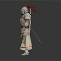 Man In Medieval Silver Plated Armor With Red Accents And Spear