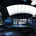 Modern Tech Exhibition Interior With Curved White Ceiling Circular Floor And Checkered Wall Screens 3d model