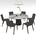 Round Marble Tabletop Dining Set With Six Brown Chairs White Pendant Light 3d model