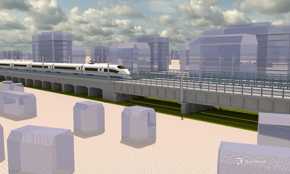 Modern Urban Road Infrastructure Featuring High Speed Train on Elevated Viaduct with City Buildings 3d model 
