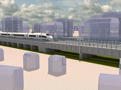 Modern Urban Road Infrastructure Featuring High Speed Train on Elevated Viaduct with City Buildings 3d model