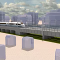 Modern Urban Road Infrastructure Featuring High Speed Train on Elevated Viaduct with City Buildings