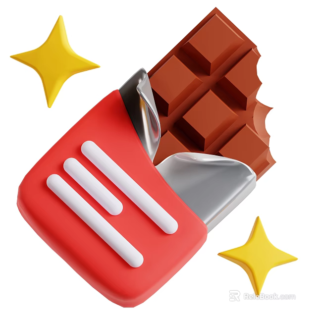 Fresh Chocolate Pieces in Red Wrapper with White Stripes Silver Foil and Yellow Stars 3d model 