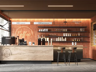 Modern Café Interior with Wooden Counter Coffee Machine Cup Shelves Coffee Beans and Bar Stools 3d model
