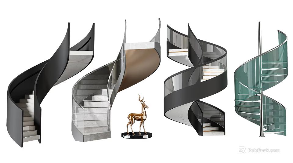 Elegant Modern Spiral Staircase Design with Glass Railing and Deer Statue 3d model 