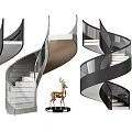 Elegant Modern Spiral Staircase Design with Glass Railing and Deer Statue
